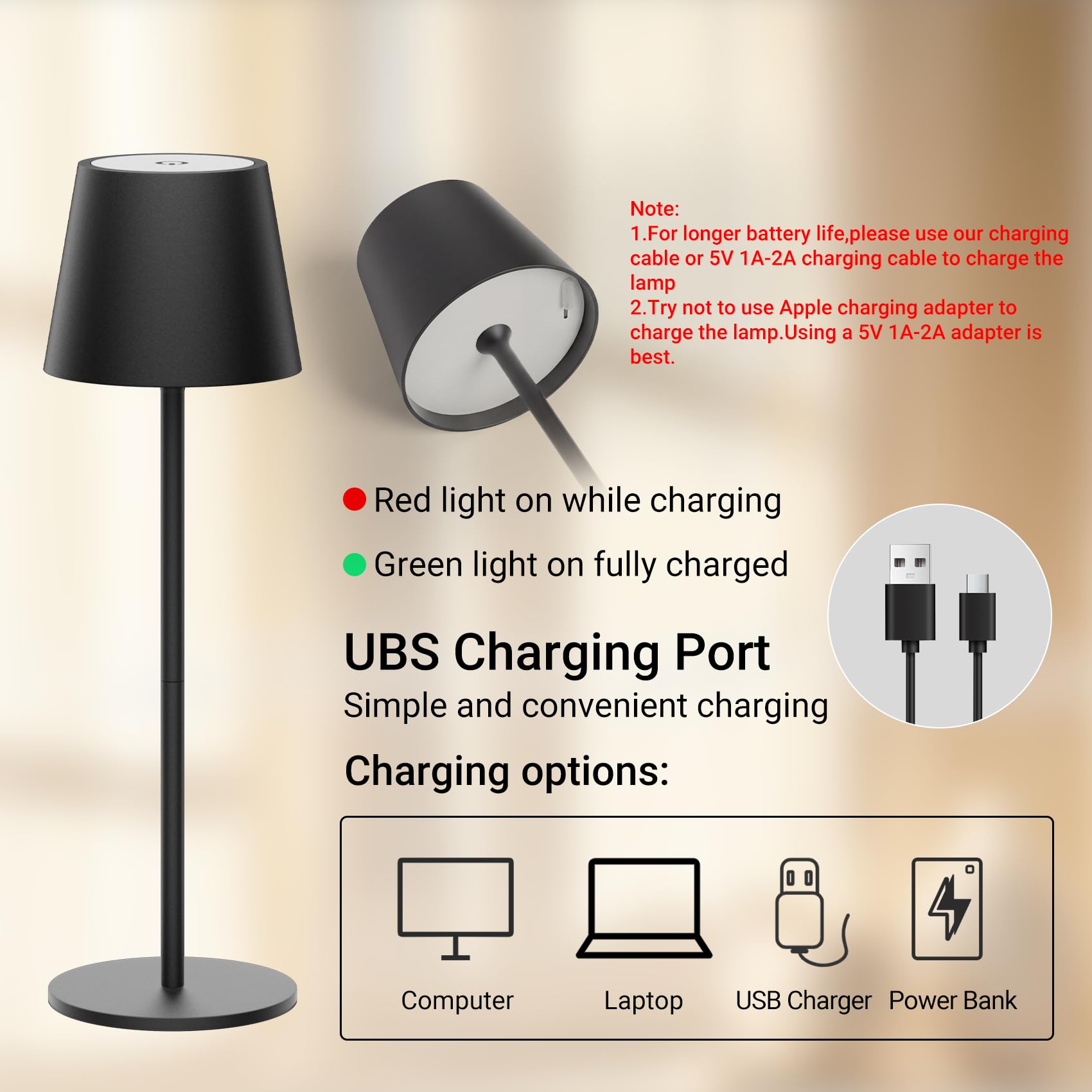 Klighten 2 Stück LED Akku Tischlampe Kabellose,höhenverstellbar,3 Lichtfarben Dimmbar,USB-C Nachttischlampe Für Innen und Aussen, Tragbare Metall tischleuchte,5000mAh+IP44,Beige[Energieklasse A]
