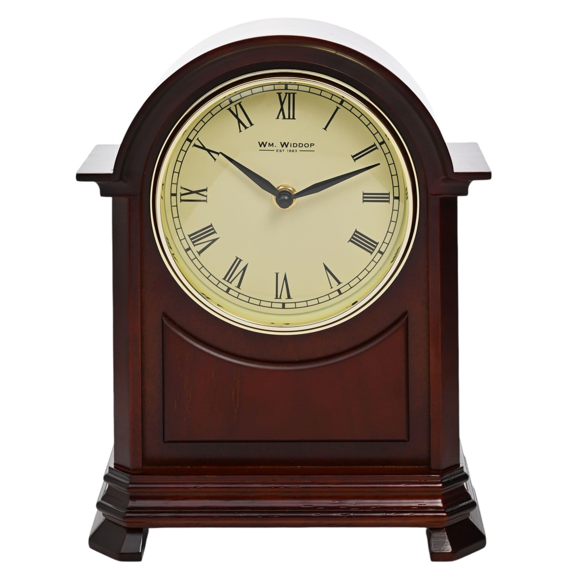 Dark Wooden Arched Quartz Mantel Clock With Clear Dial By Widdop W3417