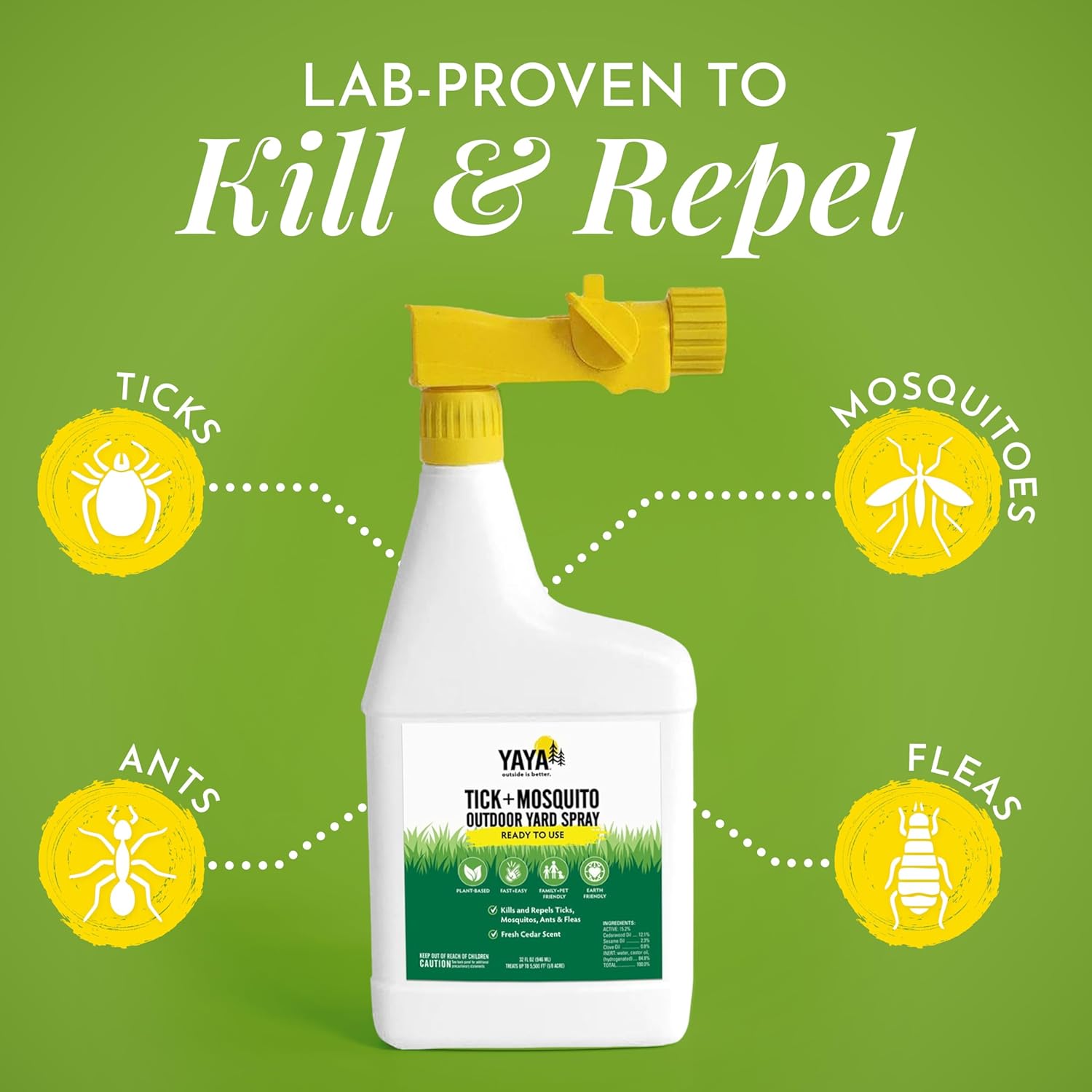 Ready-to-Use Tick + Mosquito Outdoor Yard Spray – Made with Essential Oils, Plant-Derived, Easy Do-It-Yourself Treatment, Safe to Use Around Kids, Pets and Plants – 32 oz
