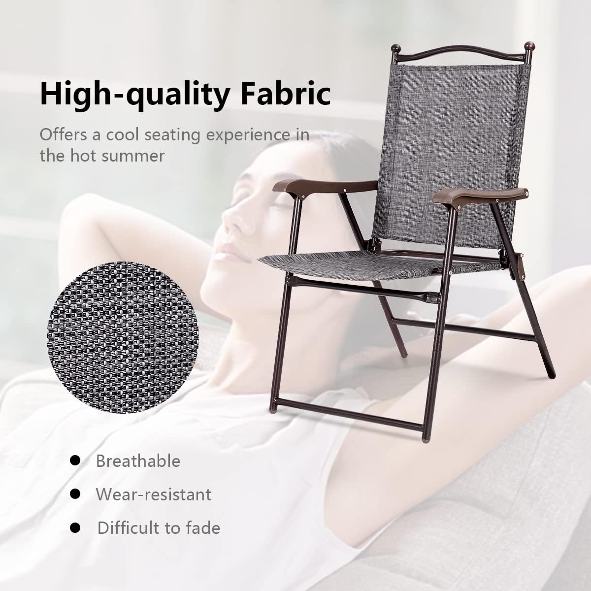 MAT EXPERT Folding Patio Chairs Set of 2, Sling Chairs with Armrest & Metal Frame, Indoor Outdoor Portable Lounge Chairs for Beach, Backyard, Garden, Poolside, No Assembly (Gray)
