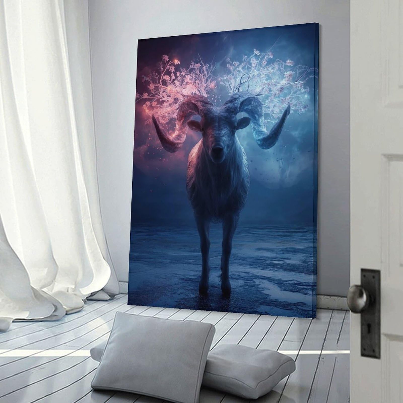 Junmoney Fantasy Ram with Floral Antlers Canvas Wall Art 24x36inch(60x90cm), for Work Areas, Reading Rooms Or Studios, A Smart Decor Choice for Study Walls