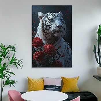 ホワイトタイガーと青いバラの絵画 ホワイトタイガーの油絵 絵画 mimoza 通販 5207436｜Creema