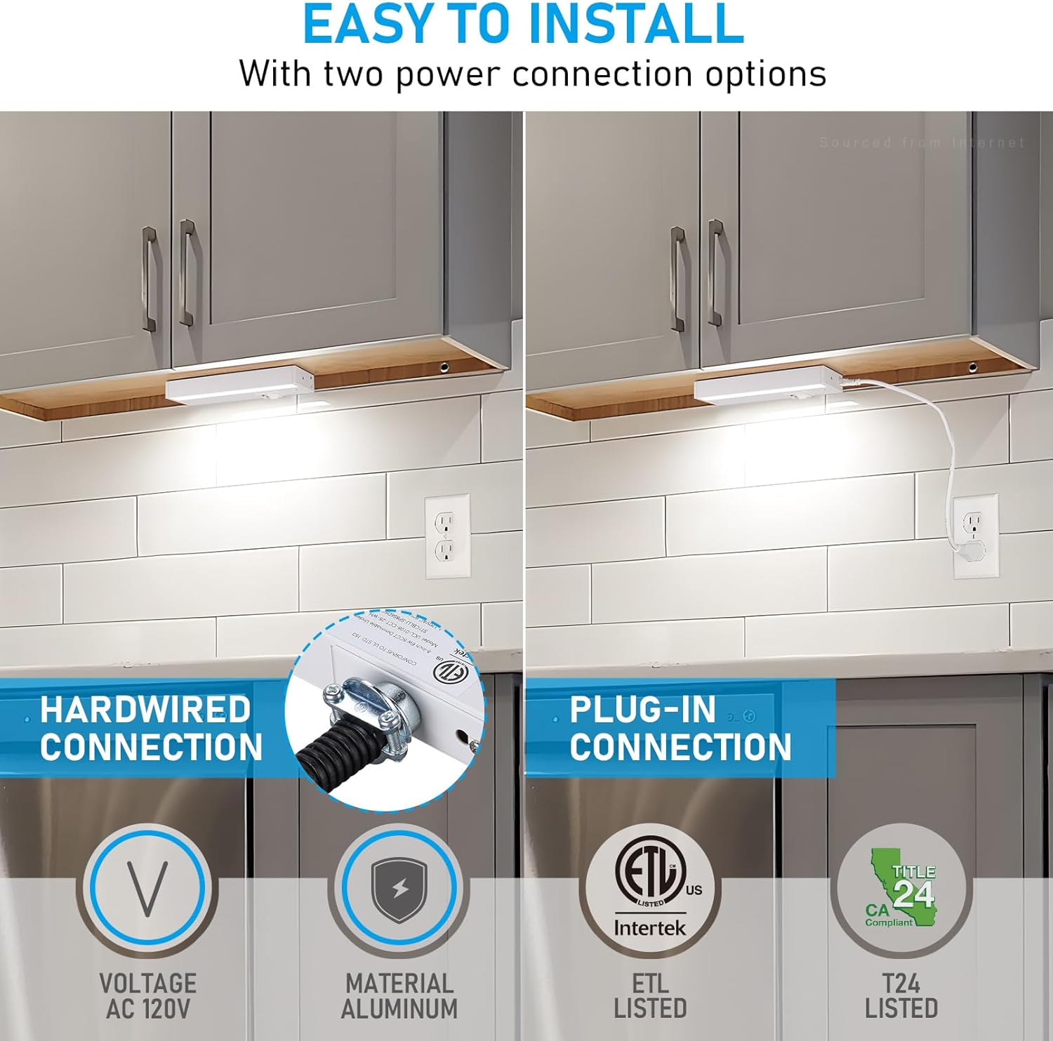 TORCHSTAR LED Under Cabinet Lighting 5CCT, 8 Inch 6W 450LM, Hardwired & Plug-in, 5 Color Selectable CRI90 120V ETL T24 Listed Dimmable Under Counter Lights for Kitchen, White Aluminum Housing, 2 Pack