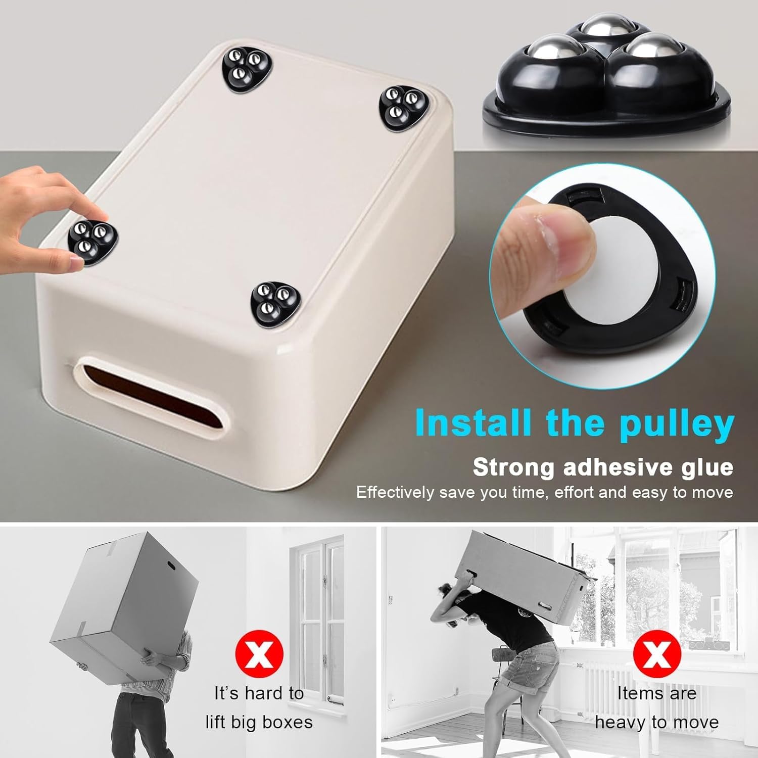 HhBdy Wheels for Kitchen Appliances 360 Swivel Mini Caster Wheels Mini Appliance Sticky Pulley for Diy,Trash Can,Storage Box with 3 Ball Bearings(16Pcs,Black steel balls) - Image 3