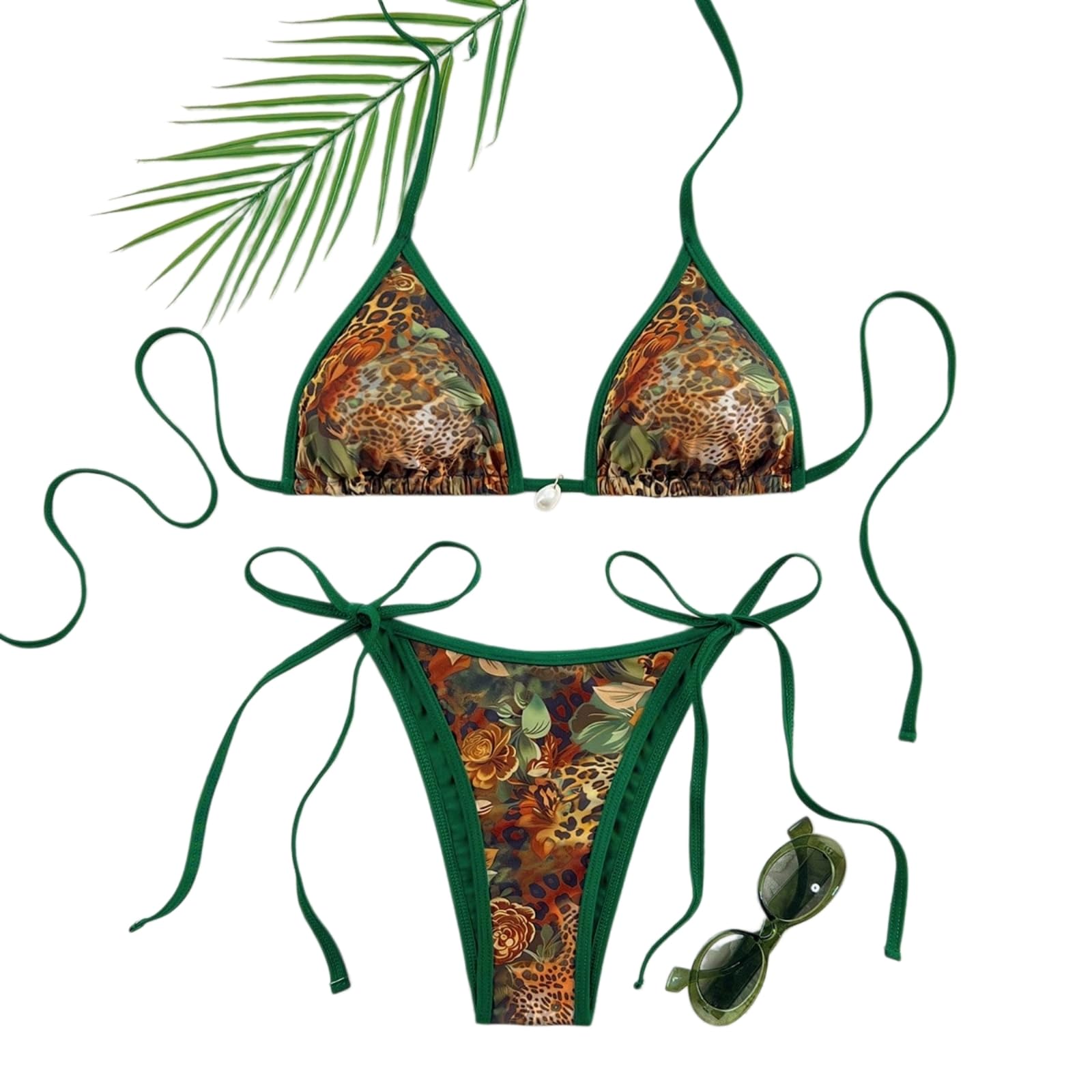 Bikini femmes set léopard bicolore doté d'une finition vert trim pour un style estival unique