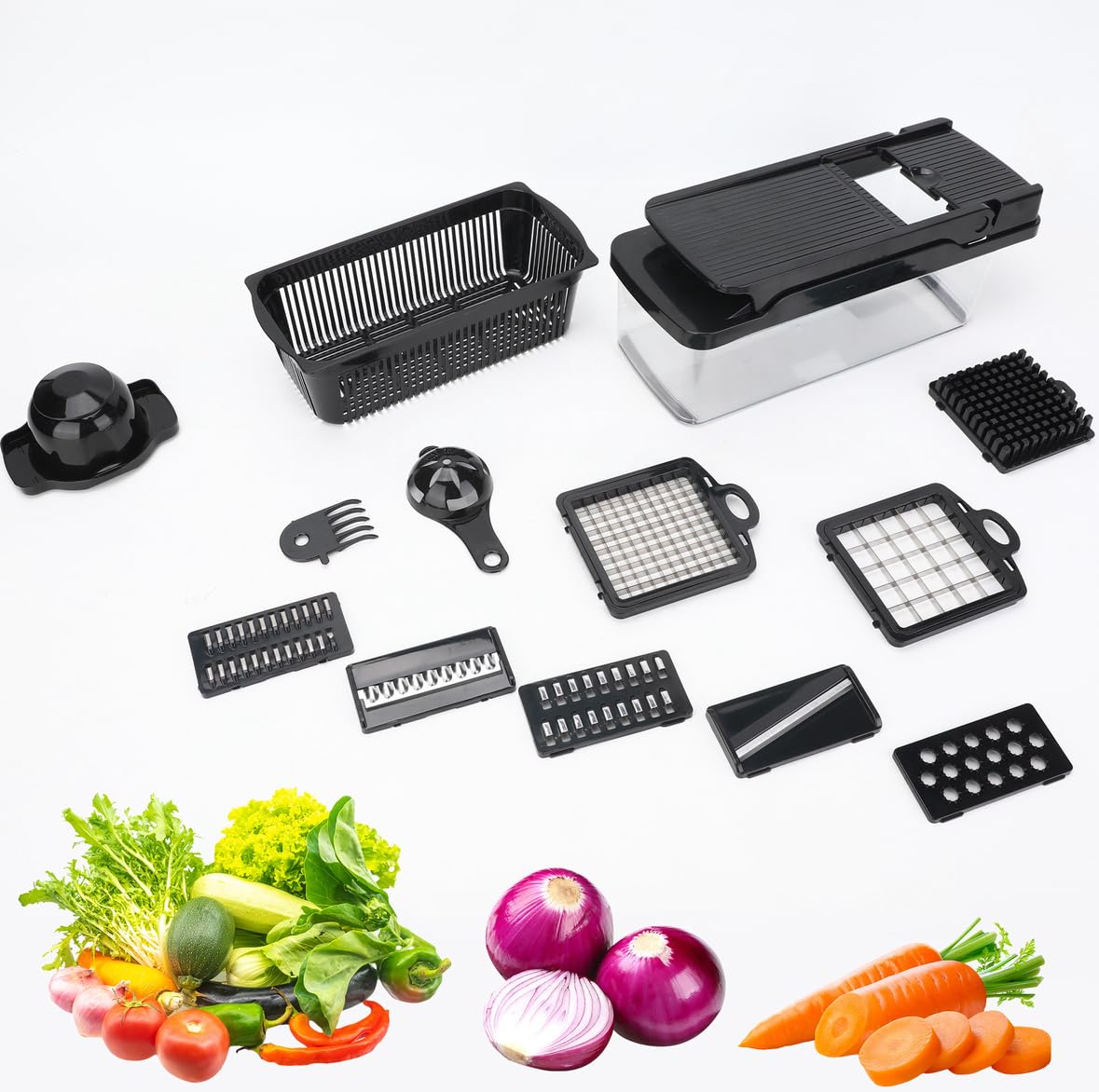 Picador de verduras 14 en 1 con cuchillas de acero inoxidable – Picador multifuncional de cebolla, cortador de mandolina, cortador de alimentos, juego de cortador de cocina y electrodomésticos y 8