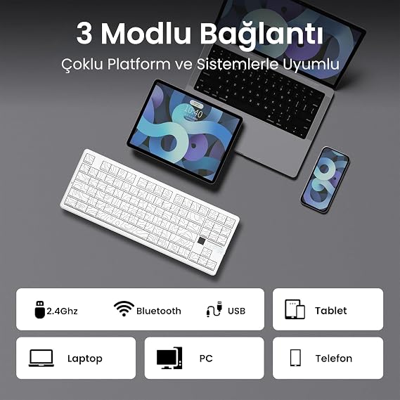 Aula F87 PRO V2 Mekanik RGB TKL Star Vector Switch Kablosuz Makrolu Hot Swap Klavye Desenli Beyaz