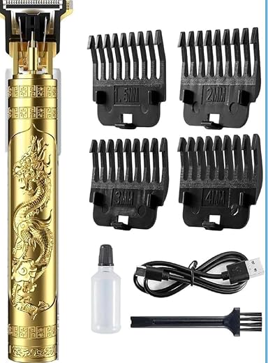 Gold Dragon Engraved Hair Trimmer for Men, Cordless T-Blade Outliner with 4 Guide Combs, USB Rechargeable
