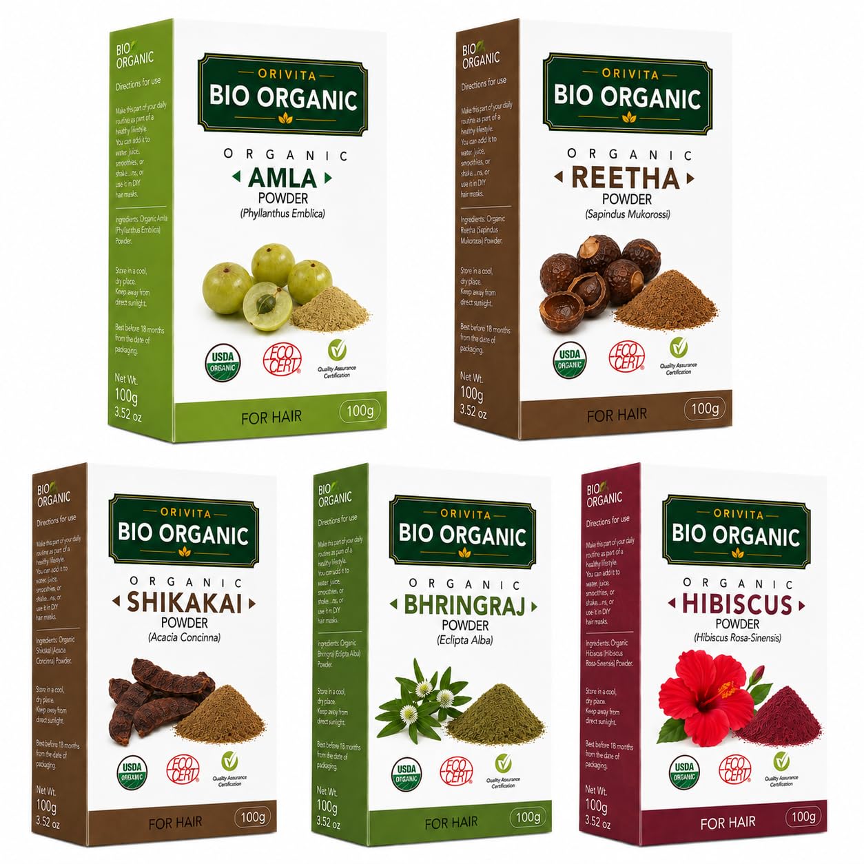 Bio Organic Amla Reetha Shikakai Bhringraj Hibiscus Powder | 100% Ayurvedic Hair Combo Pack For Hair Growth, Anti Hair Fall, Dandruff Control & Healthy Shiny Hair | Suitable All Hair Types For Men & Women-100g (Pack of 5)-image-40