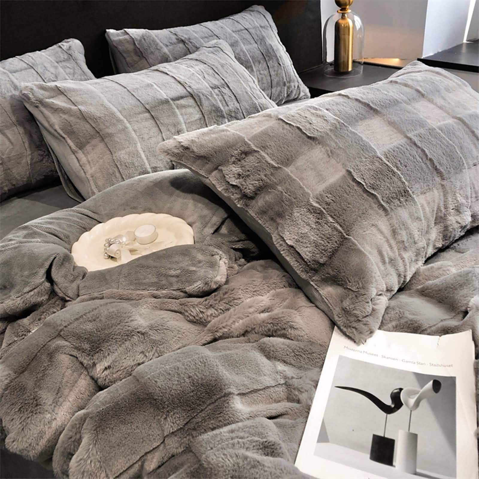 Gualiy Komplet pościeli z płaskim prześcieradłem, 4-częściowy, aksamitna, elegancka poszewka na kołdrę 200 x 230 cm, z 1 płaskim prześcieradłem i 2 poszewkami na poduszki, szary