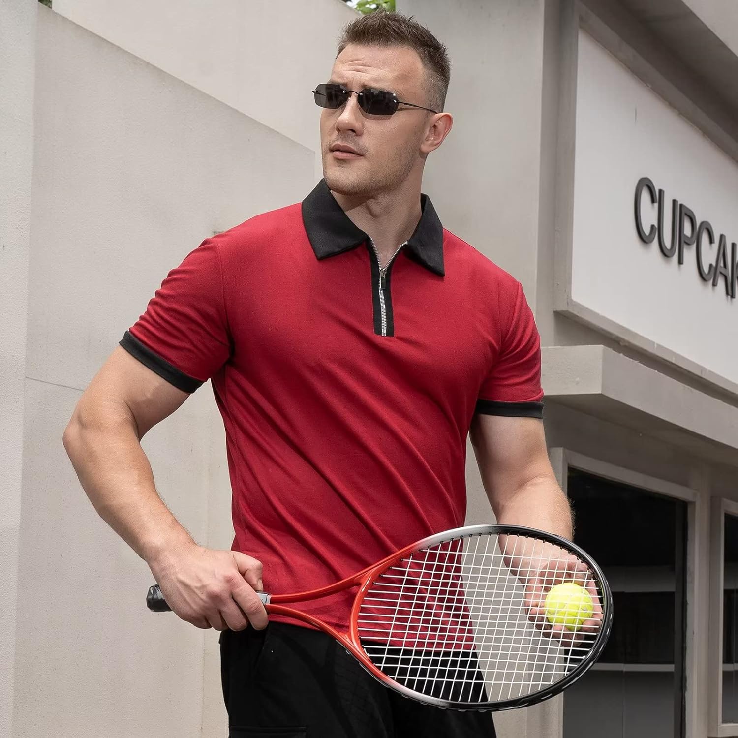 Rela Bota Men's Short Sleeve Polo Shirts Fashion Zipper Polos Casual Slim Fit T-Shirt Wine Red M - Image 3