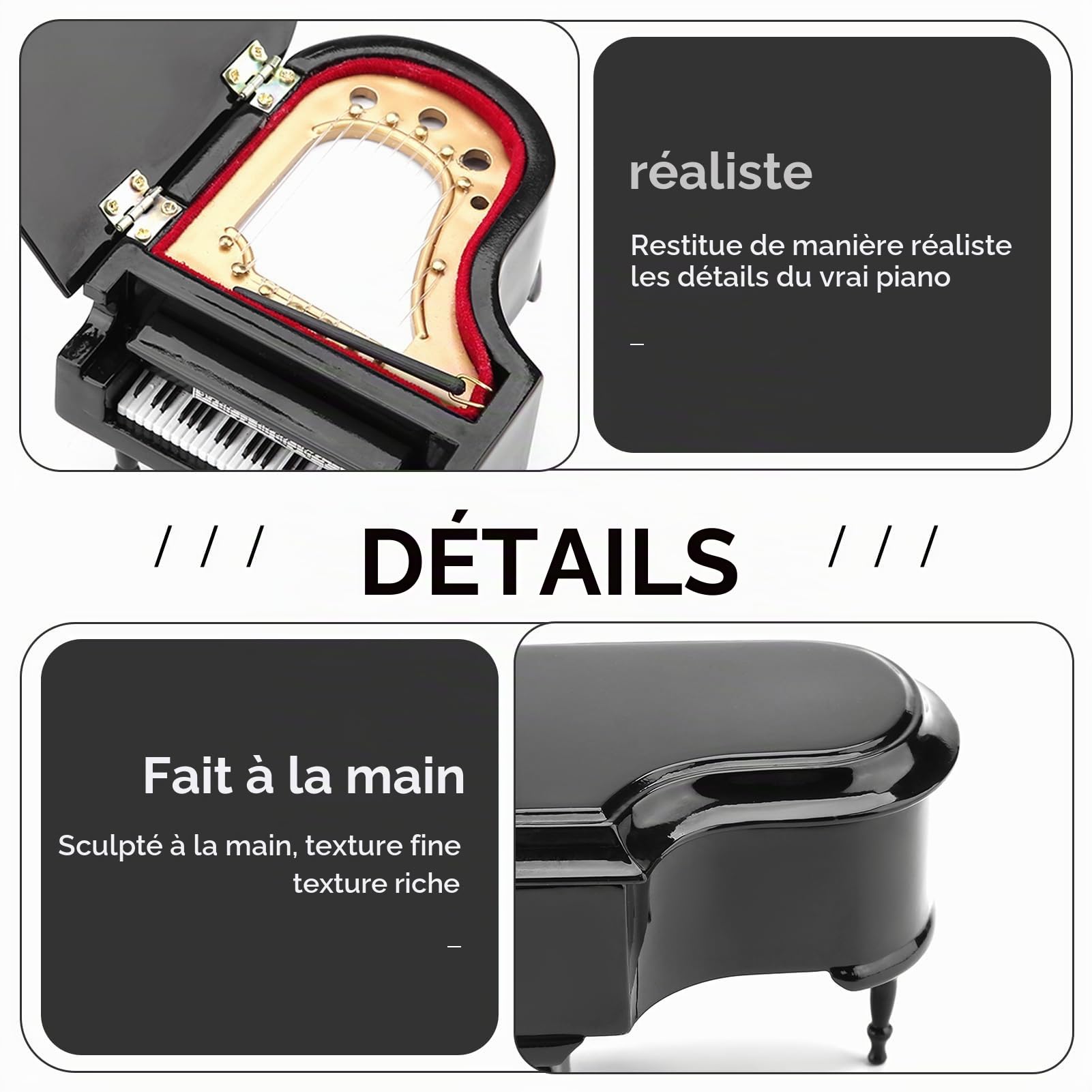 Modèle de Piano en Bois Noir Miniature avec Banc et Étui, Décoration Bureau ou Maison, Cadeau pour Collectionneurs et Musiciens