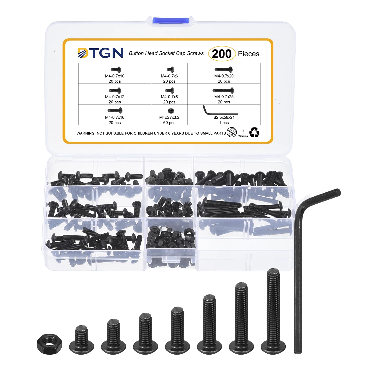 DTGN 200Pcs M4-0.7x6/8/10/12/16/20/25mm Button Head Socket Cap Screws - Carbon Steel Bolt Nut Set Washer Assortment Kit & Wrench - Good for Road Bicycle, Mountain Bike, Auto โ image 1