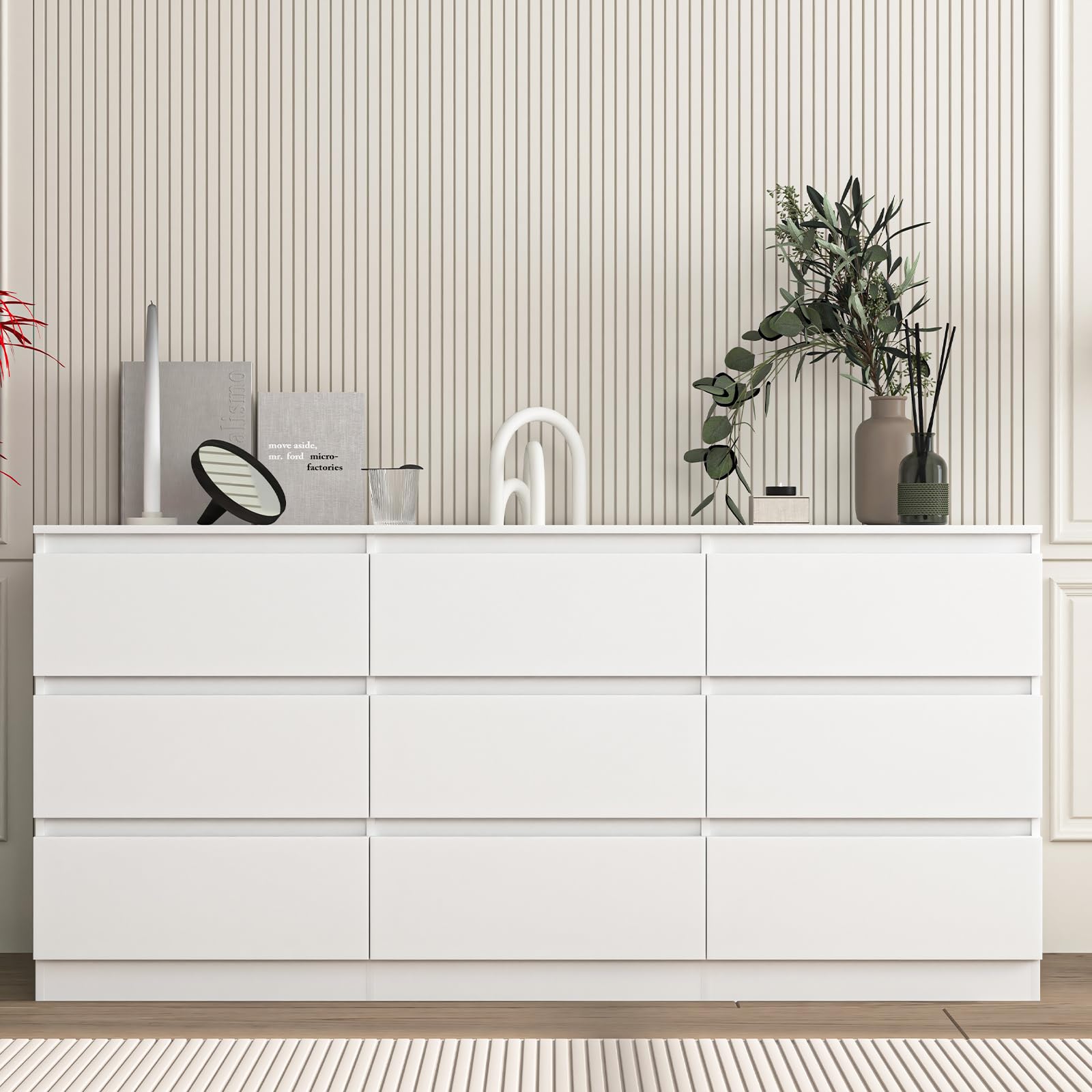 vibe & dine white dresser 9 drawer, modern long dresser for bedroom, wood chest of drawers with wide storage for living room