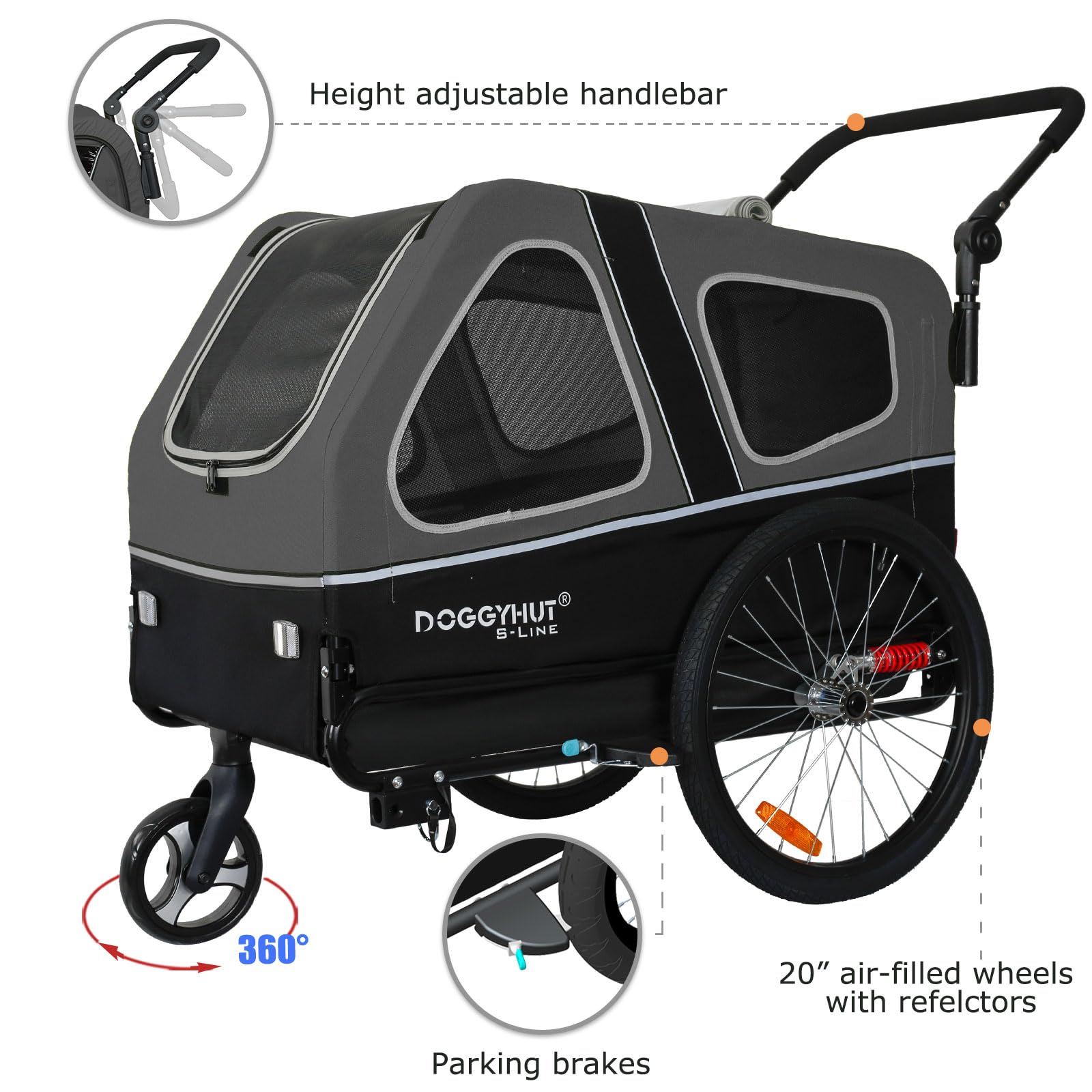 DOGGYHUT S-Line XL Przyczepa rowerowa, wózek dla psów do 45 kg, składany wózek wiszący, niski środek ciężkości, hamulce postojowe