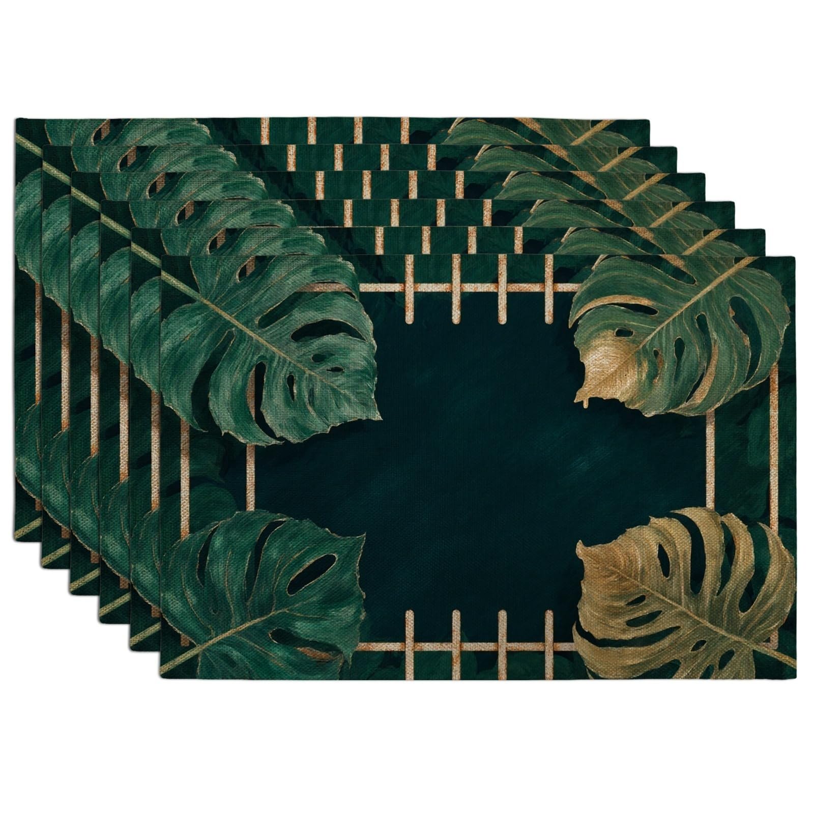 Tropical Monstera Leaves Placemats, Green Jungle Botanical Place Mats for Dining Table, Summer Indoor Outdoor Kitchen Party Decorative Placemat Set of 6