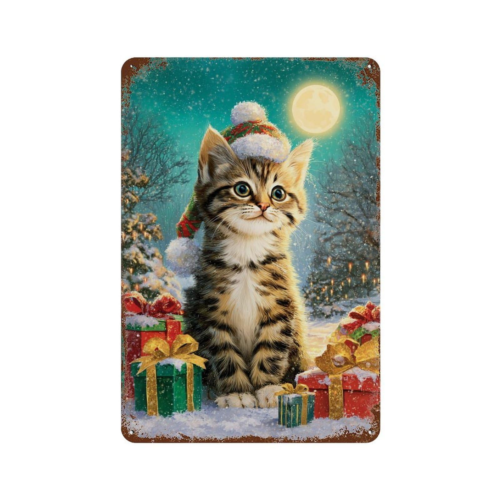 Christmas Kitten with Presents-3 Rustic Tin Plaque 11.8"x7.9", Ideal for Shed, Workshop And Garage Wall Decor
