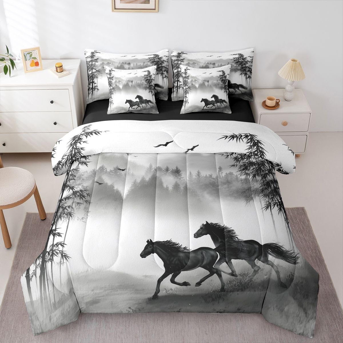 Galloping Horse King Size Comforter Set with Sheets | Cowboy Farm Animal 7 Piece Bedding Set Smoky Mountain Western Bed in a Bag,Black and White Ink Painting Plant Rainforest Folk Retro Room Decor