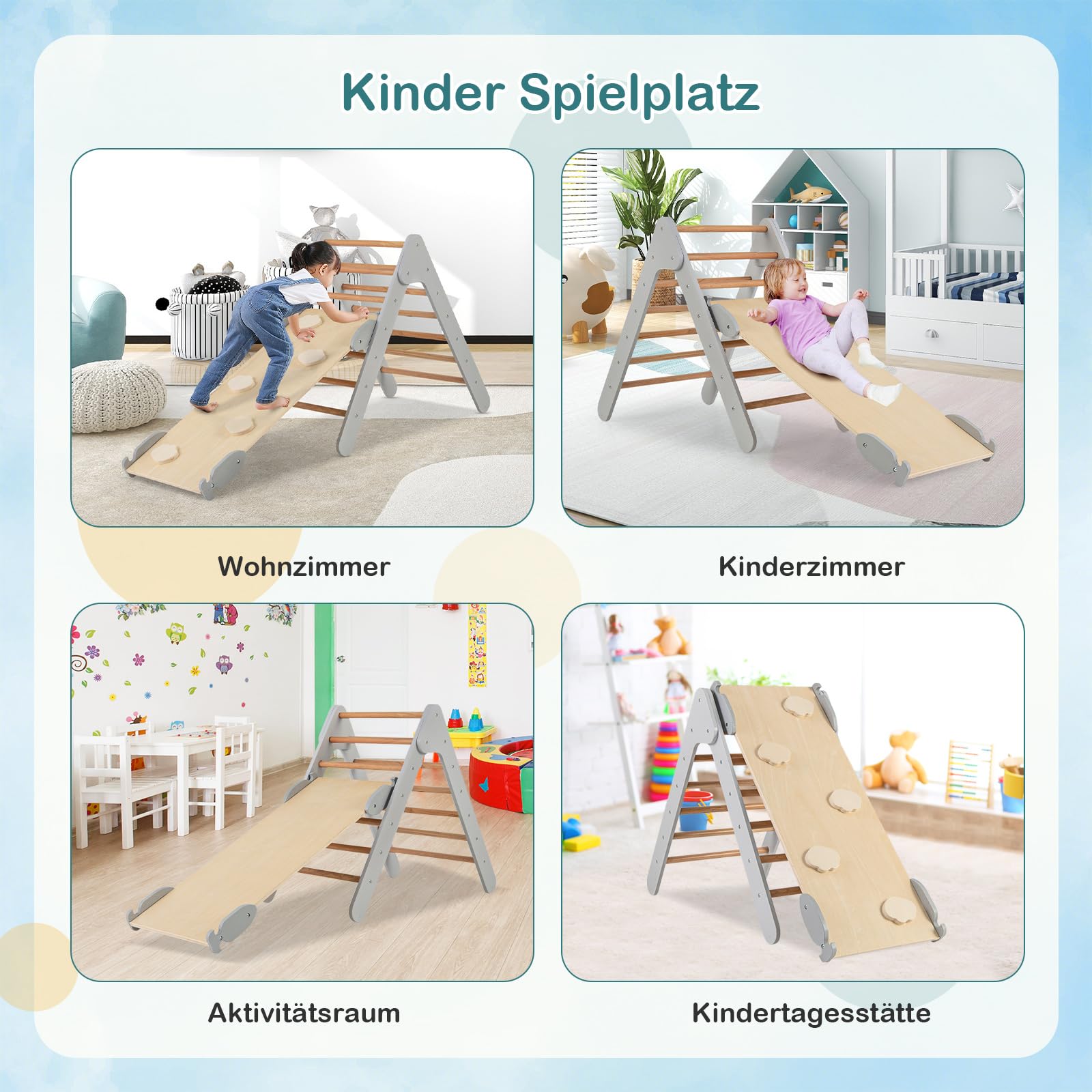 COSTWAY Kletterdreieck mit Rutsche, Klettergerüst Indoor ab 1 Jahr, Sprossendreieck Kletterrampe aus Holz, zum Klettern & Rutschen (Grau)