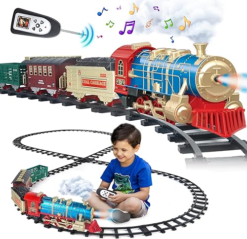 Juego de tren eléctrico para niños, juego de tren azul a control remoto con humo, sonidos, luces, recargable para árbol de Navidad, juguetes de