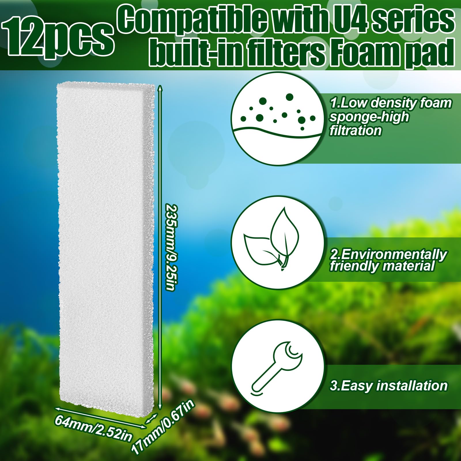 Pangda 12 almohadillas de espuma de filtro de carbono y 12 almohadillas de espuma compatibles con la gama U4 de esponja interna subacuática accesorios de filtro subacuático para acuario de repuesto