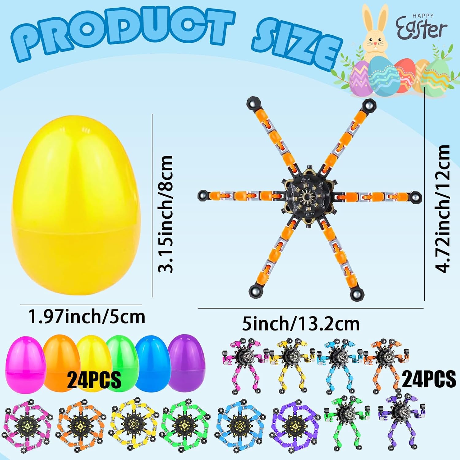 24 Set Prefilled Easter Eggs with Fingertip Spinner Sensory Toys,Transformable Chain Robot Fidgets Spinners Toy,Easter Basket Stuffers Easter Egg and Party Favor Basket Stuffers Filler Classroom Prize