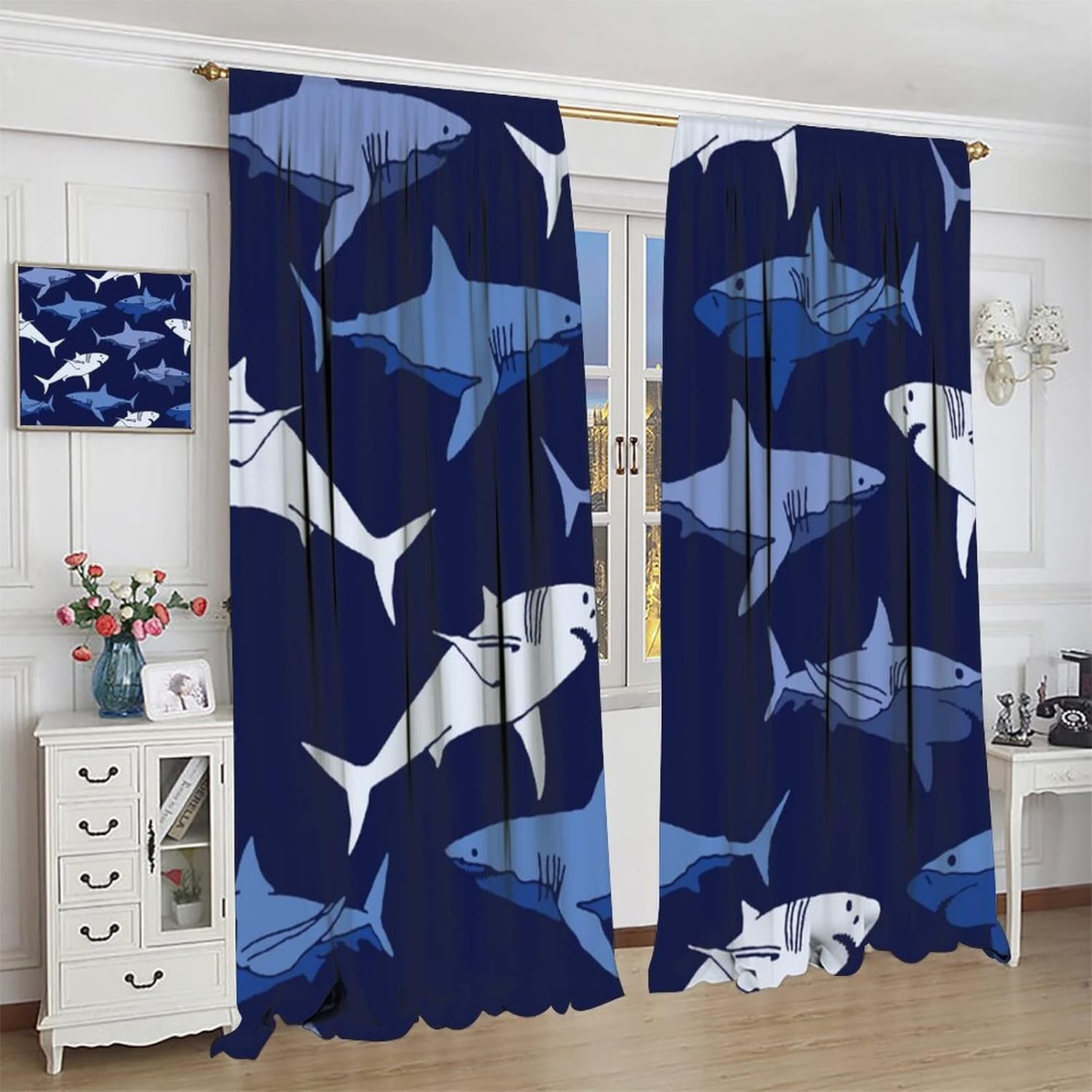 Shark Fish Window Curtains, Ocean Animal Navy Blue Room Darkening Rod Pocket Windows Treatments for Boys Girls Toddler Bedroom Living Room 84x84in