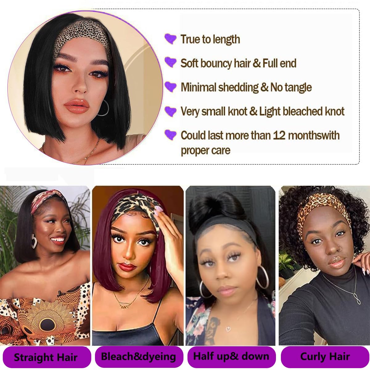 Amazon.com : Feelgrace Bob Headband Wig Human Hair Short 