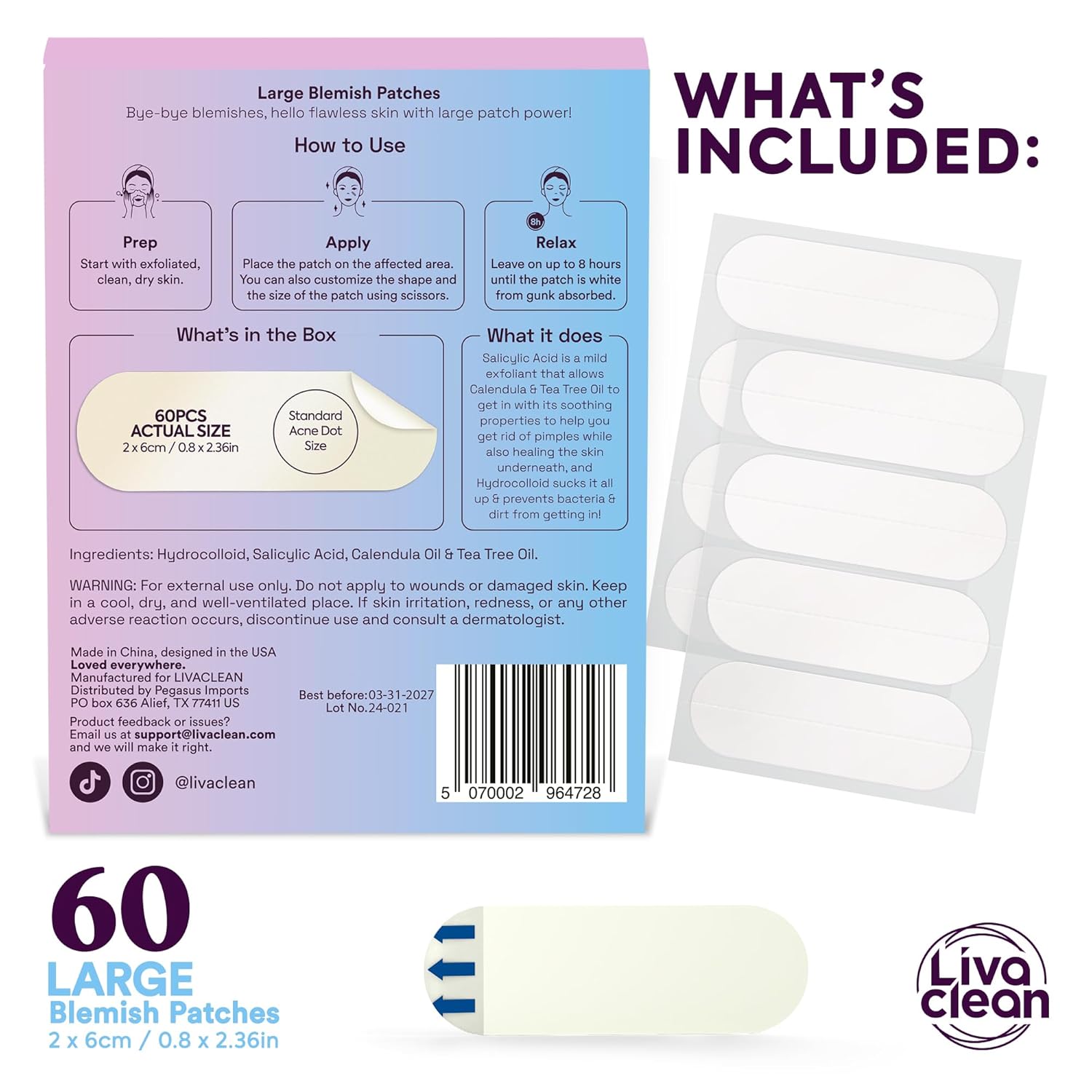 LivaClean 100 Count Large Hydrocolloid Pimple Patches – 40ct XL Square Patches + 60ct with Salicylic Acid, Tea Tree & Calendula Oil – for Face, Nose, Chin, Forehead & Body