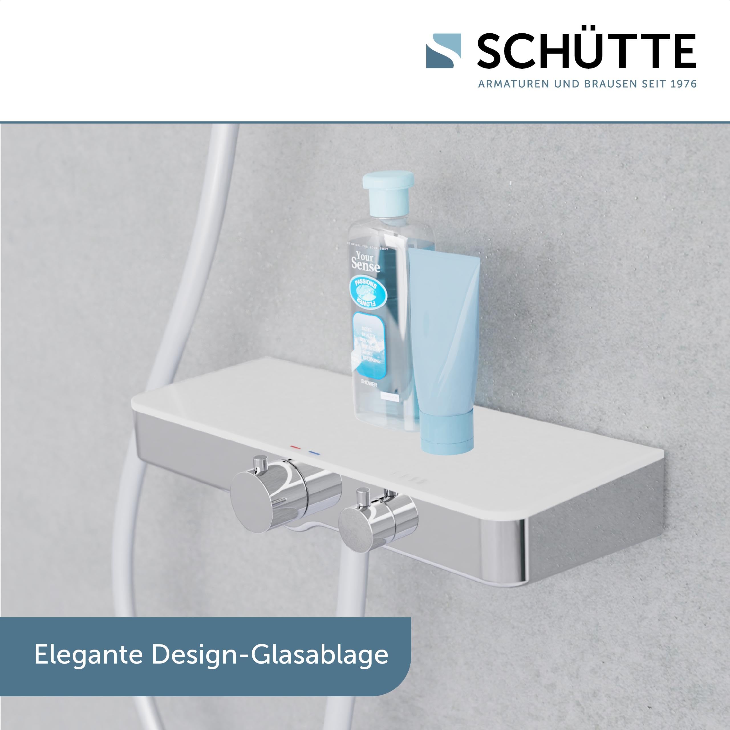 SCHÜTTE 60535 Ocean Thermostat Duscharmatur Set, Mischbatterie Verbrühschutz bei 38 Grad, Armatur Einhebelmischer Dusche mit Ablage aus Sicherheitsglas, Weiß