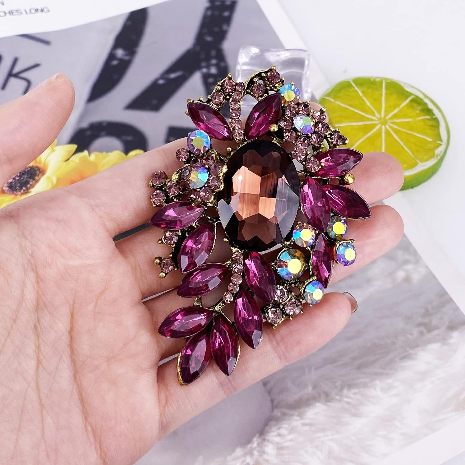 LAXPICOL Vintage Sparkly Austrian Crystal Flower Leaf Bouquet Clusters Big Large Brooch Pin for Women Gold Tone - Image 3