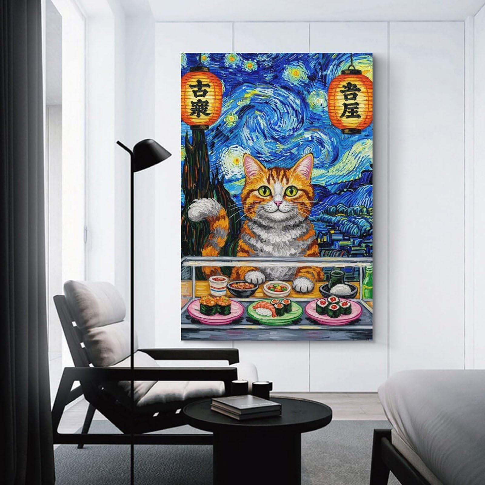 Junmoney Van Gogh Style Cat Sushi Restaurant Canvas Wall Decor, 24x36inch(60x90cm), for Gallery Wall Decor And Room Displays, Wall Decor Suited to Curated Displays