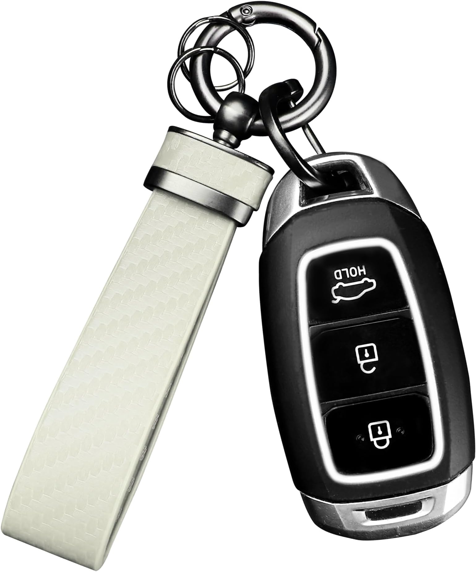 Turcee Carbon Fiber Car Keychain,Automotive Interior Accessories Keychains Leather Car Key Fob,Car Accessories Key Ring&Anti-Lost D-Ring(White)