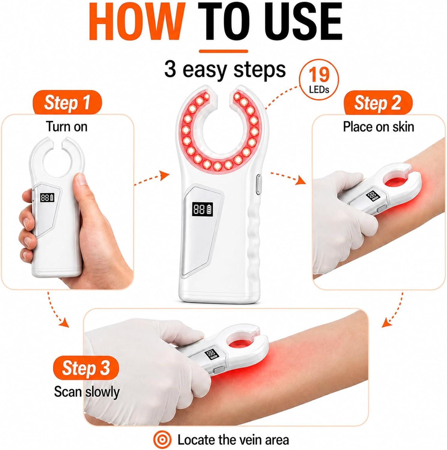 Vein Finder –Vein Finder for iv Access, Clinics & Home, White | 1–88 Adjustable Brightness, Digital Display, USB-C Rechargeable, Universal Skin Compatibility, Compact Design