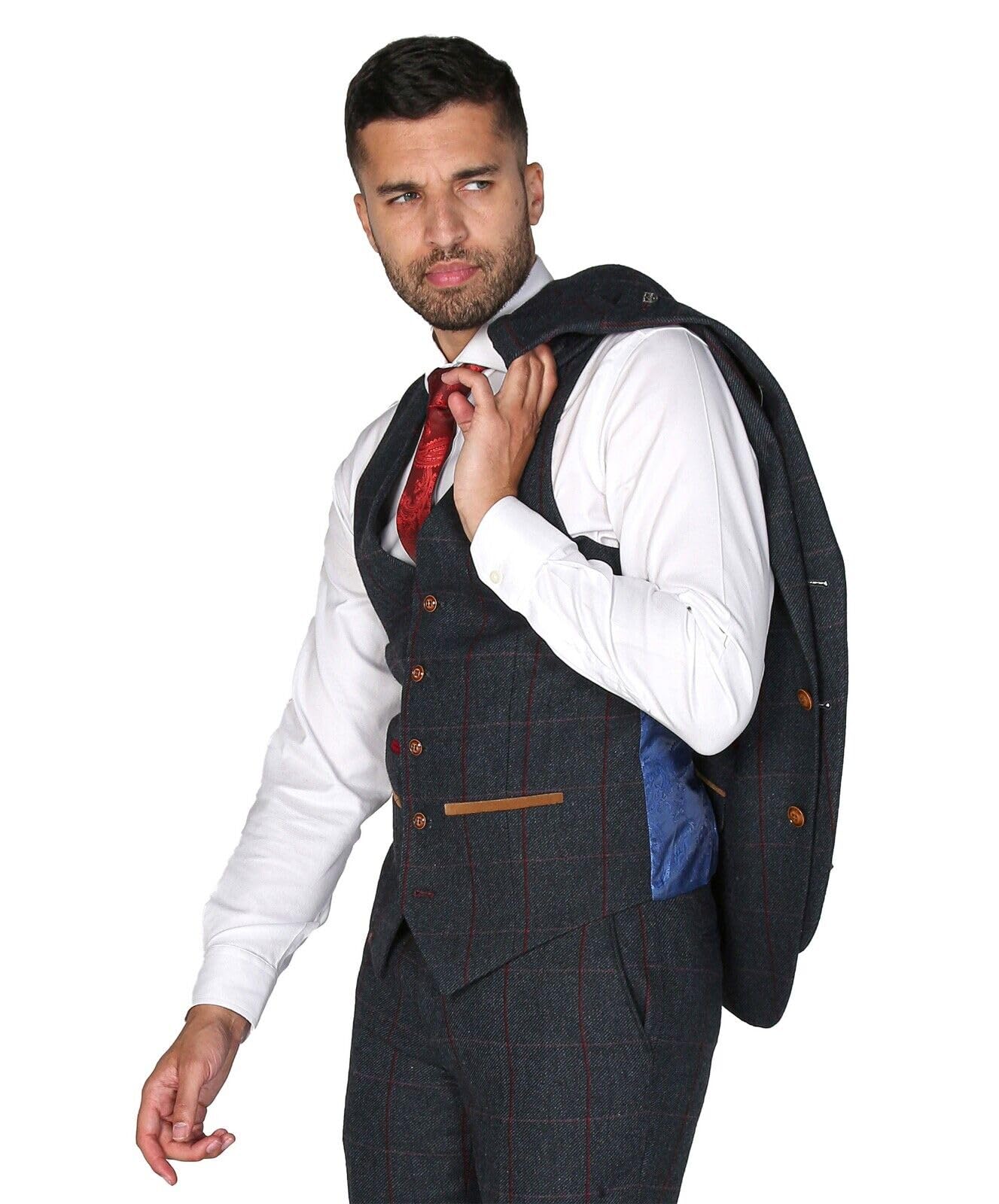 Abito da Uomo in Tweed a Spina di Pesce Blu Navy Venduto separatamente - Set da 3 Pezzi su Misura per Matrimonio e Lavoro