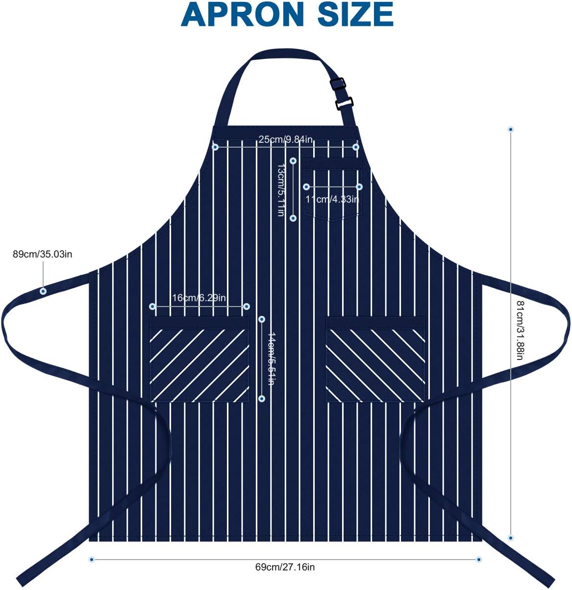 Syntus 2 Pack Adjustable Bib Apron with 3 Pockets Cooking Kitchen Aprons for BBQ Drawing, Women Men Chef, Nautical Blue/White Pinstripe
