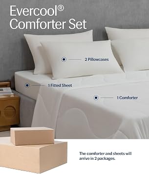 REST Evercool+ Cooling Comforter Set for Hot Sleepers, 4PC, Full | 1 Comforter + 1 Fitted Sheet + 2 IONIC+ Silver Pillowcases, Cool-to-Touch for Night Sweats, Deep Pocket, Wrinkle-Free