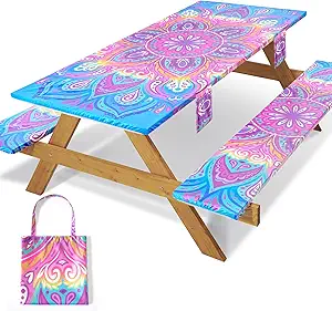 3 Piece 96x30Inch Picnic Table Cover with Bench Covers Fitted Elastic Weather Proof Camping Table Clothes Camp Motorhome Tools Gardening Rv Items Outside Road Trips Must Haves Gift for Adults