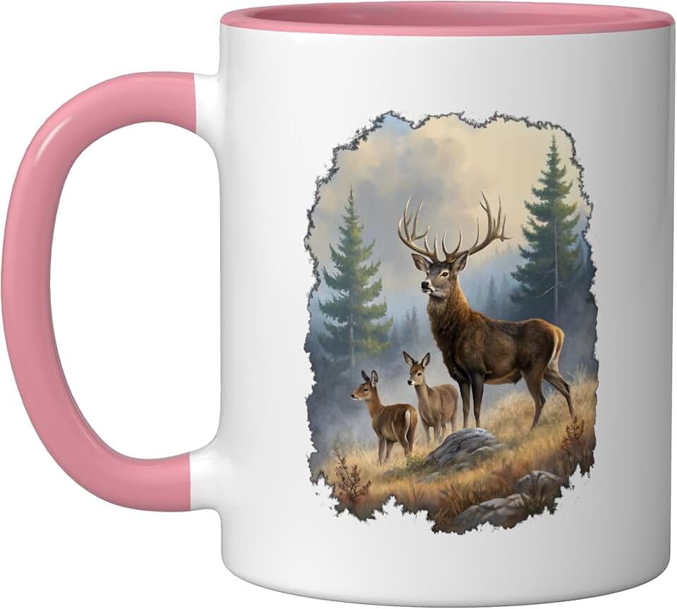 Vintage Deer Ceramic Mug, Pink/White