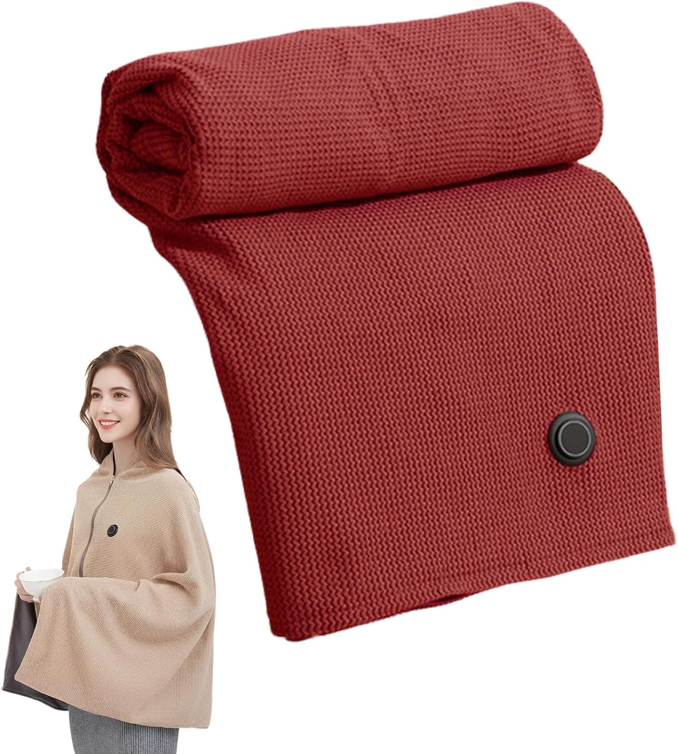 Portable Heated Blanket, USB Heated Shawl Wrap with Three Heat Levels, Rapid Warm Wearable Electric Shawl with Zipper, Machine Washable Heated Shawl Blanket for Home Office Camping(Beige)