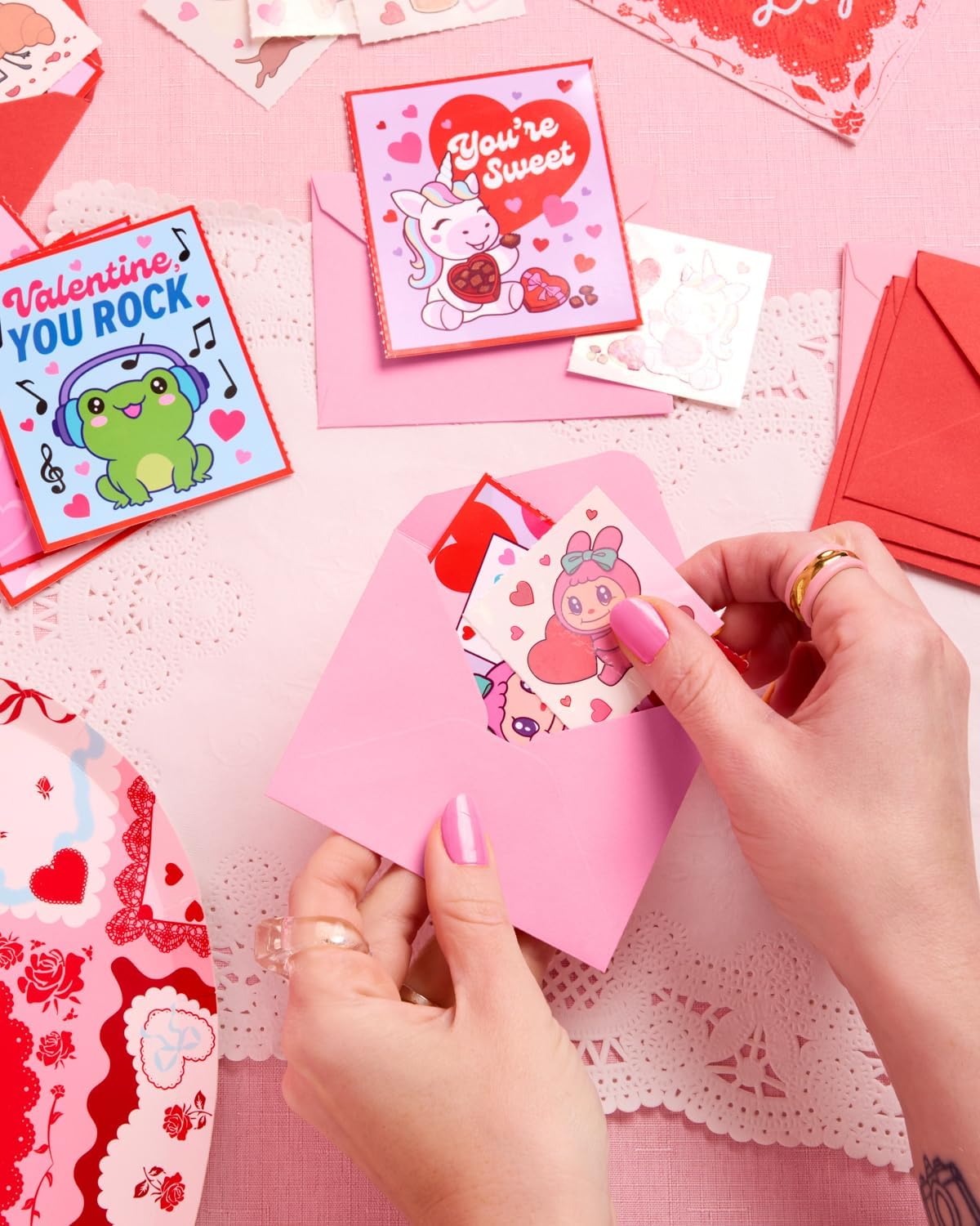 xo, Fetti Kawaii V-Day Card Set of 24 | kawaii valentine cards, mochi valentines, cute classroom exchange, kids, pink + red stationery, tattoo valentines for school, adorable card kit