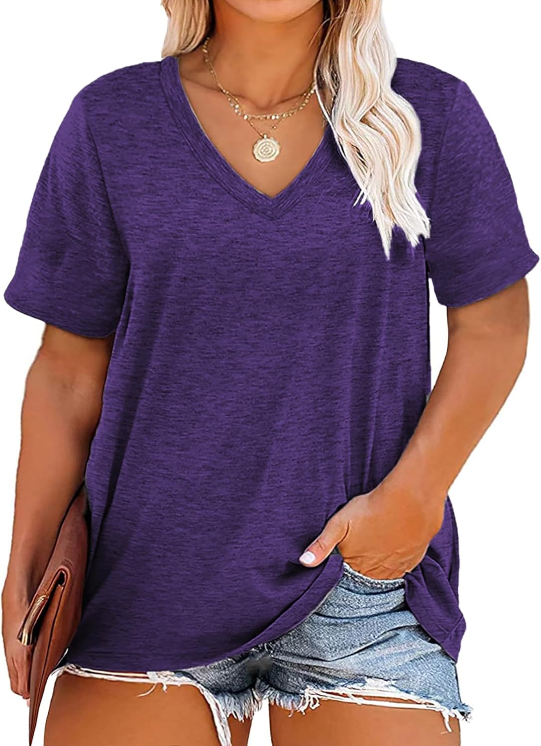 Plus Size V Neck T Shirts Women Short Sleeve Tops Casual Summer Tshirts Loose Fit Tee
