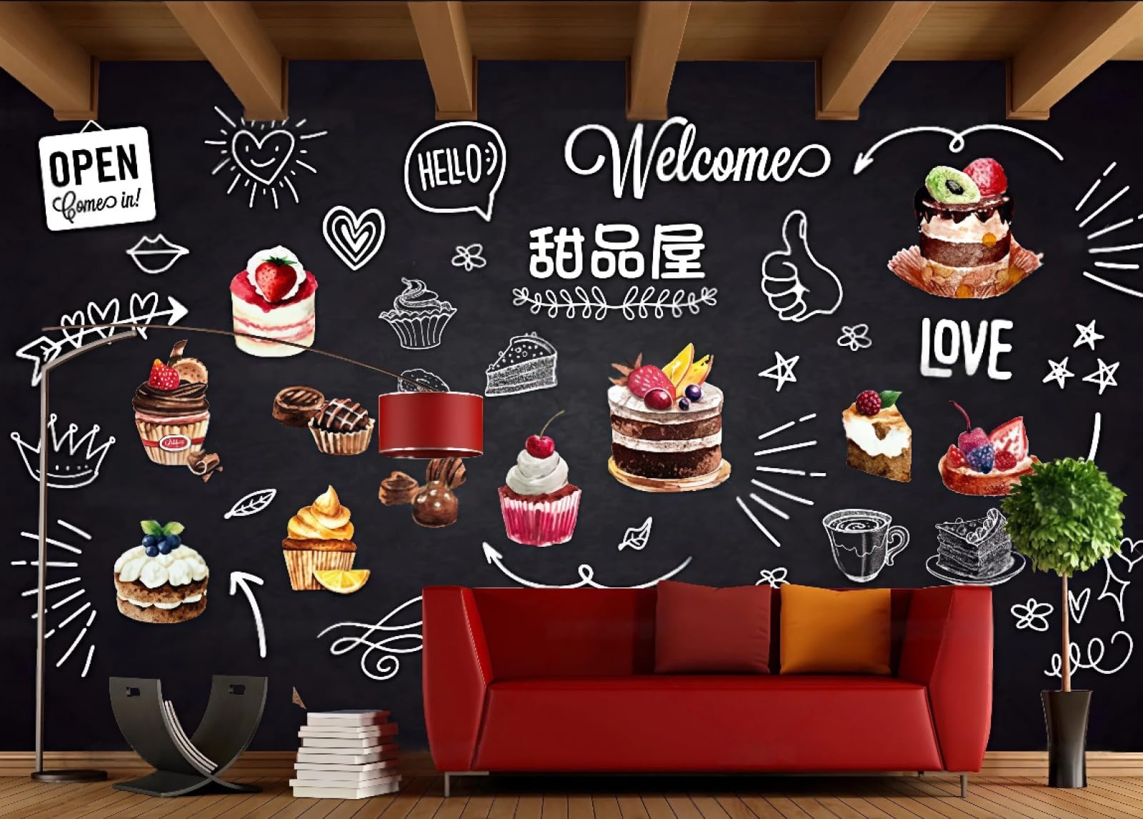 rskjdghshd Wallpaper Retro Blackboard Wall Hand-Painted Pizza English Letters Burger Catering Gourmet Fast Food Background Wall Western Restaurant Wallpaper Drinks Coffee Shop Mural,3D,430x300cm