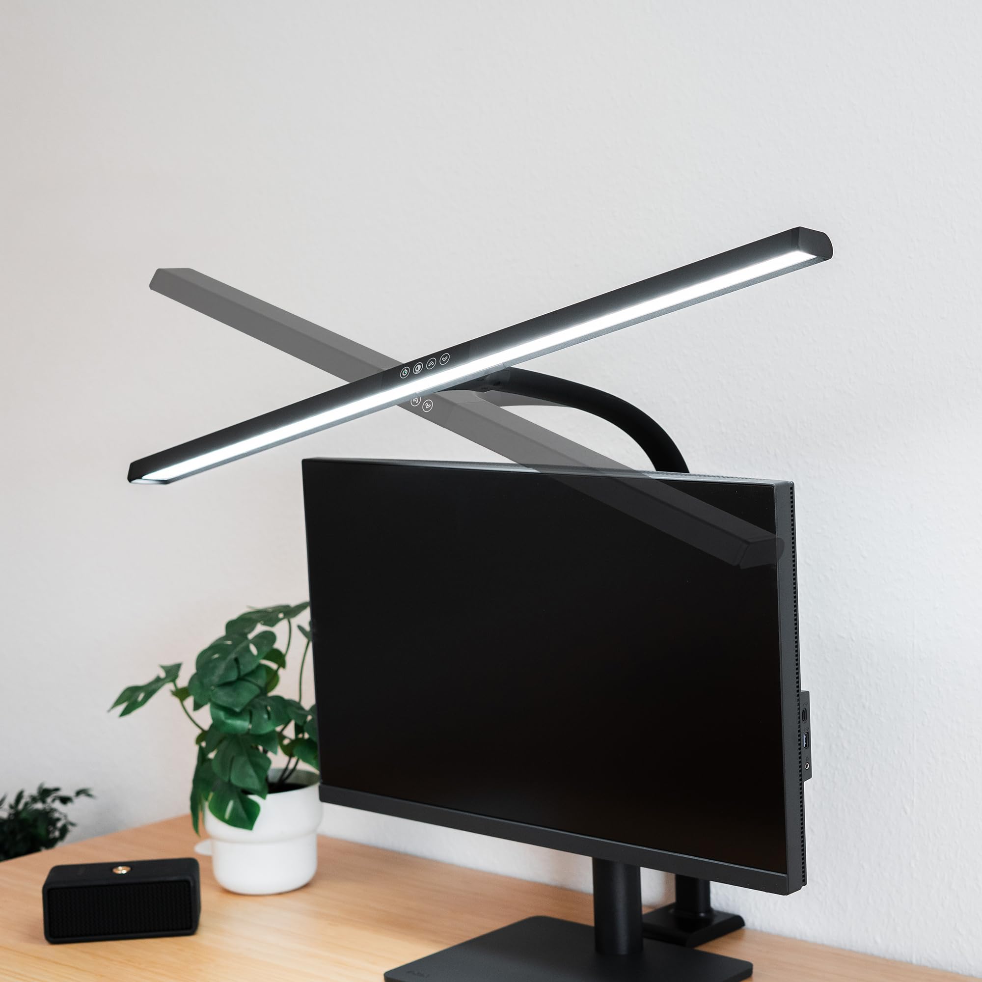 FeinTech Schreibtischlampe klemmbar 80 cm LED dimmbar Screenbar mit extra großer Leuchtfläche für ein schreibtischfüllendes Licht, LTL00321E Schwarz