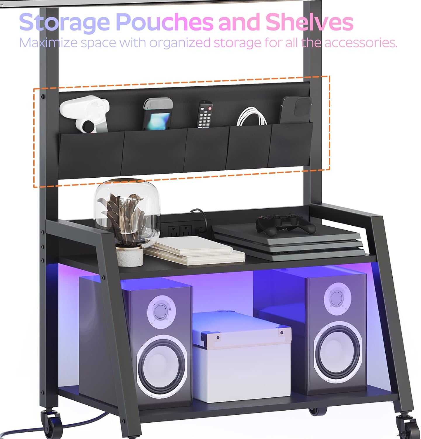 Rolling TV Stand with Power Outlet, Mobile TV Stand with LED Light Up to 55" TVs, TV Cart with Mount, 5 Oxford Fabric Pouches, for Living Room, Meeting Room, Black DS01UDBB