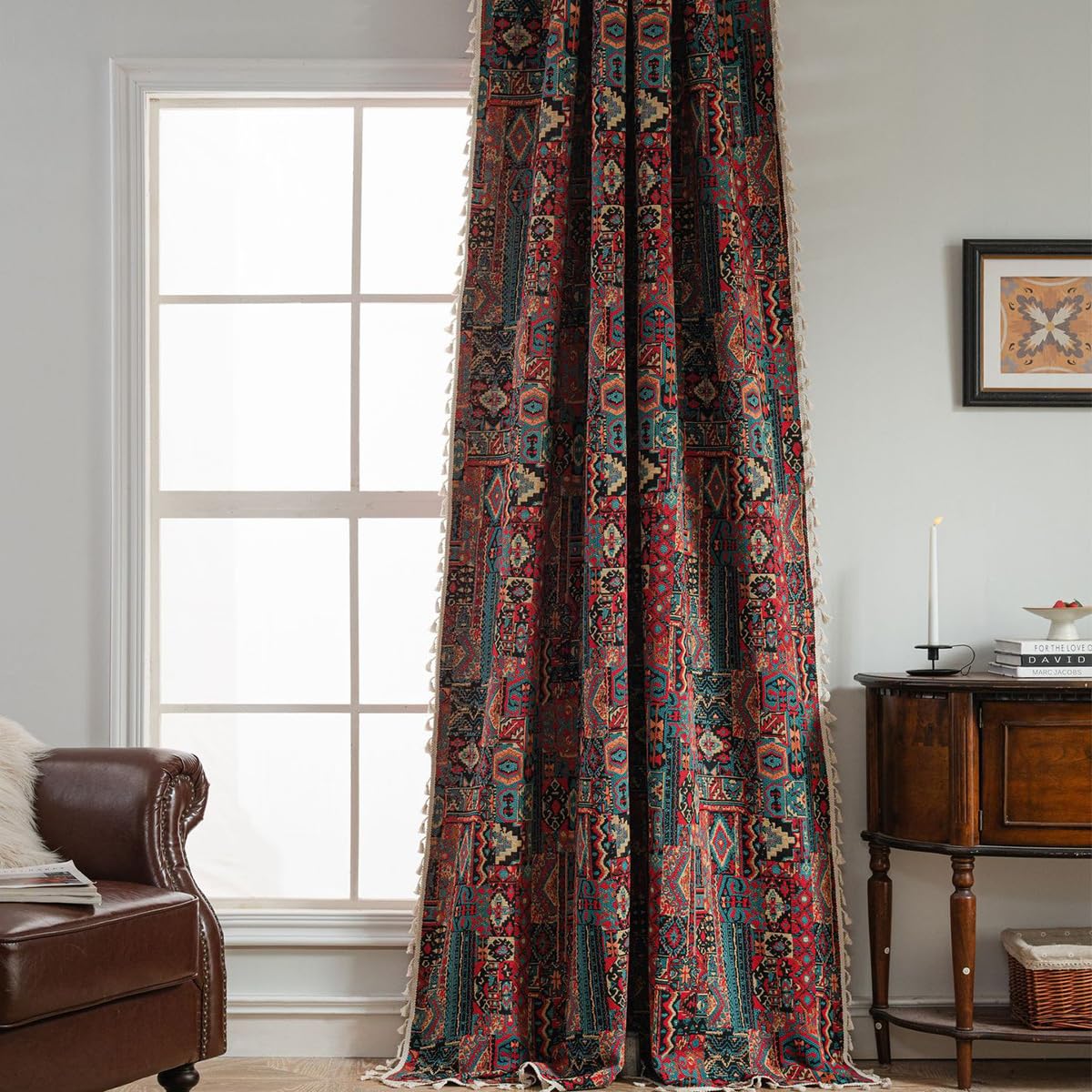 Bohemian Vintage Vorhänge Geometrisch Blickdicht Gardinen Rot Leinenoptik Boho Jacquard Baumwolle Vorhange mit Quaste Rod Pocket für Wohnzimmer Schlafzimmer 1 Stück B150×H240cm