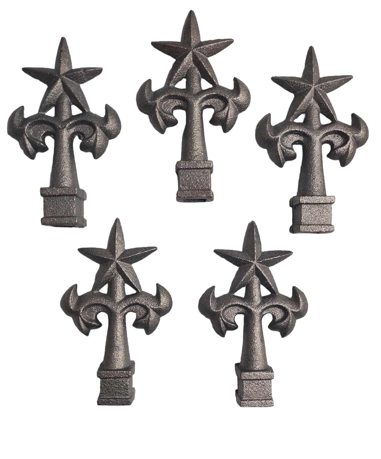 Cast Iron Fence Finials, Multiple Decorative Styles &amp; Sizes, 1/2" to 1" Inch Square and Round Spears, Fleur de Lis Design (1/2" Star SQ, 5)