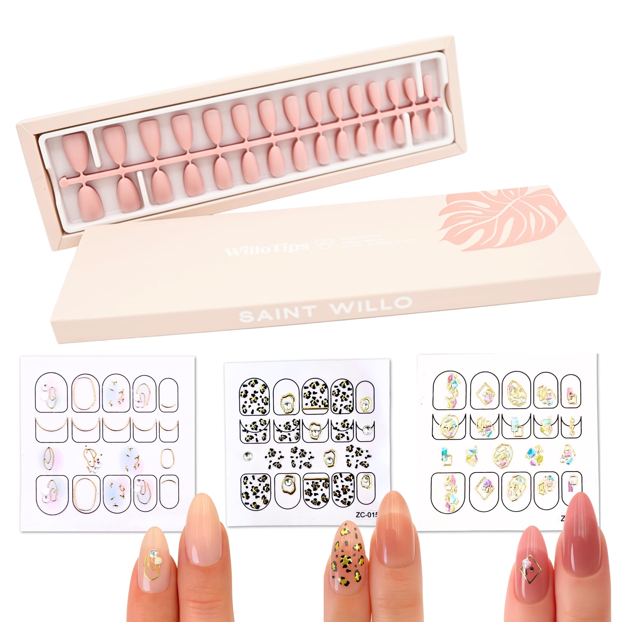 Nude Press On Nails Medium Almond - Soft Gel Tips, 3 Shades + Sticker Kit