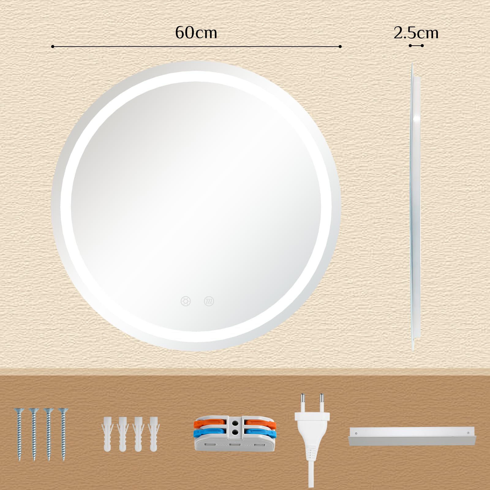 Clevich Specchio Bagno con Luce Rotondo 60 cm, Specchio-LED con 3 Colori di Luce Dimmerabile, Vetro Temperato Antideflagrante, Antifog, Interruttore Touc, Funzione Memoria