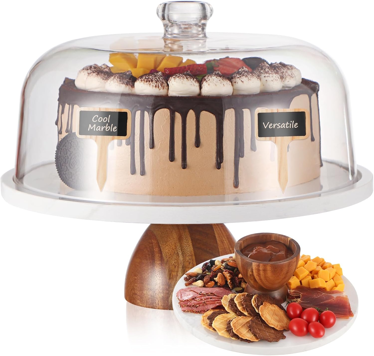 Marble Cake Stand with Lid,2-in-1 Use Cake Holder&Charcuterie Board with Lid,Marble Pedestal Stand with Acrylic Dome and Acacia Wood Bowl Base,Stone Dessert Display Plate Holder Platter with Cover